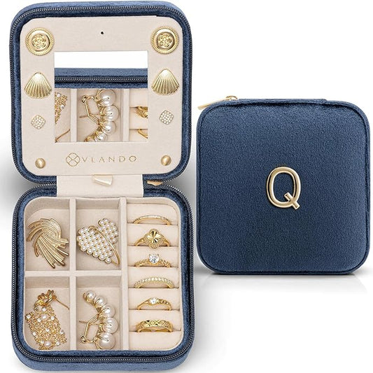 Vlando Travel Jewelry Organizer for Women, Travel Jewelry Organizer, Necklace Organizer Earrings Ring Organizer, Jewelry Travel, Travel Gifts for Women Travel Essentials - Letter Q, Periwinkle Blue
