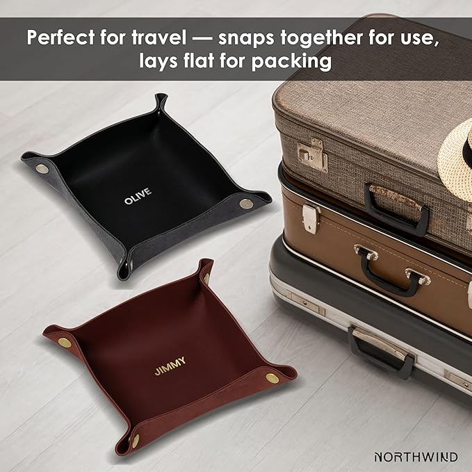 Northwind Personalized Leather Valet Tray – Custom Engraved Full Grain Leather Catchall Tray for Men, Handmade in USA Desk Organizer & Groomsmen Gift, Perfect Storage for Nightstand, Dresser