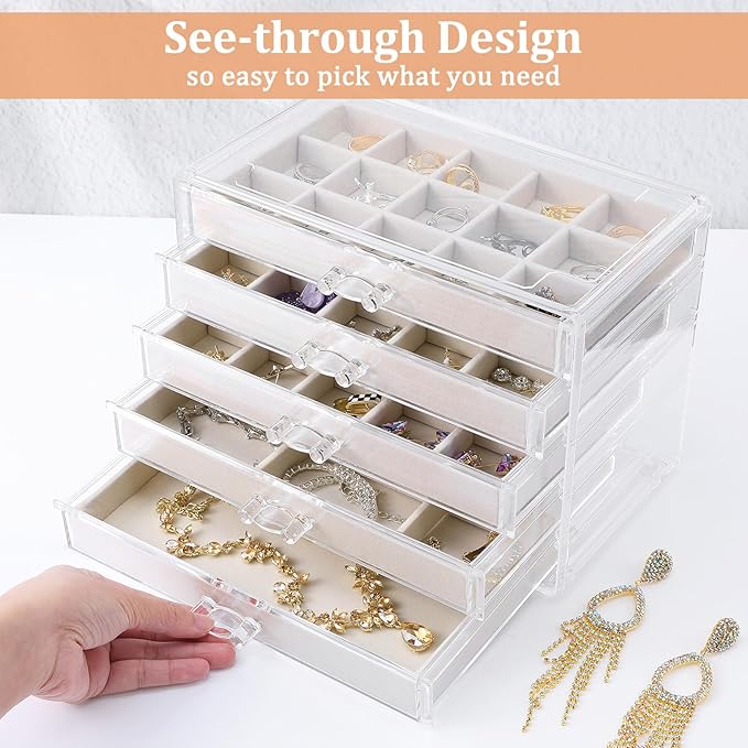 5 Drawers Clear Jewelry Box for Women and Girls, Acrylic Earring Holder Organizer Ring Holder Display Storage, Warm White