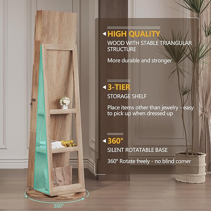 LVSOMT 360° Rotating Full Length Mirror Jewelry Cabinet with Sliding Door, LED Lighted Lockable Jewelry Armoire Organizer, Space-Saving Standing Mirror Storage for Bedroom Dressing Room (Light Wood)