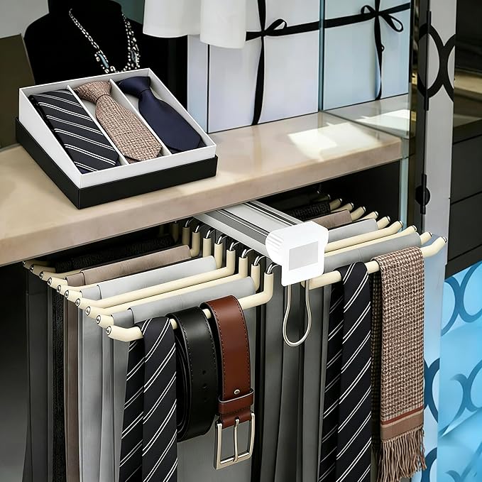 22 Arms Steel Slide Out Pants Rack Closet Pants Hanger Bar Pull Out Trousers Rack Tie Belts Scarf Racks, Top Mounted Wardrobe Clothes Organizers Rail Pull Out Closet Storage Rod-Beige