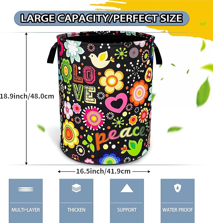 Peace Hippie Flower Laundry Basket Foldable Oxford Cloth Funny Tote Bag Laundry Hamper Clothes Storage Bucket Toy Organizer For Bathroom/Laundry Storage/Bedroom 18.9x16.5 Inch