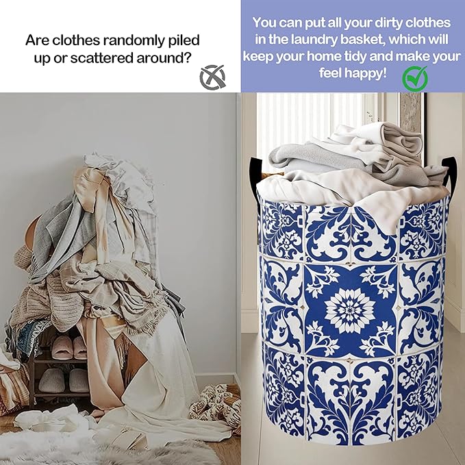 Blue Laundry Basket-Large Foldable Hamper Holder Portable Tall Collapsible Laundry Hamper Storage Basket Bin with Handles, Canvas & Waterproof lining for Household Items