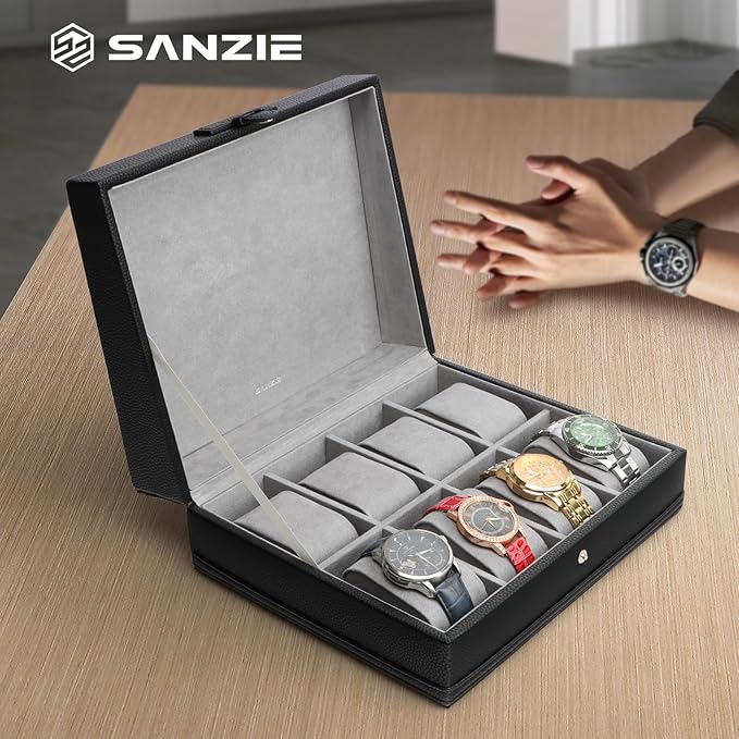 SANZIE 8-Slot Watch Box for Mens Watch Case with Removable Watch Pillows, Watch Holder Organizer Watch Storage with Grey Lining & Black Synthetic Leather (Black)
