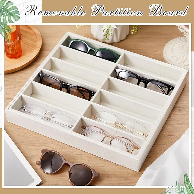 Amylove 2 Pcs Sunglass Organizer Trays Glasses Stackable Jewelry Trays Sunglass Organizer Display Box (12 Grids,Beige)