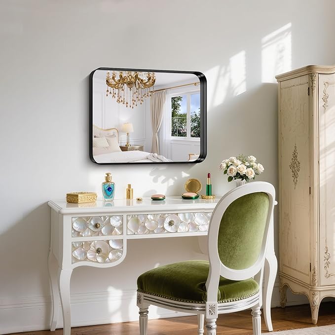 FORBATH 24x20 Inch Bathroom Mirror for Wall, Black Metal Framed Vanity Mirrors for Over Sink, Rounded-Corner Rectangle Mirror for Bedroom Living Room Entryway Hallway, Hangs Horizontal or Vertical