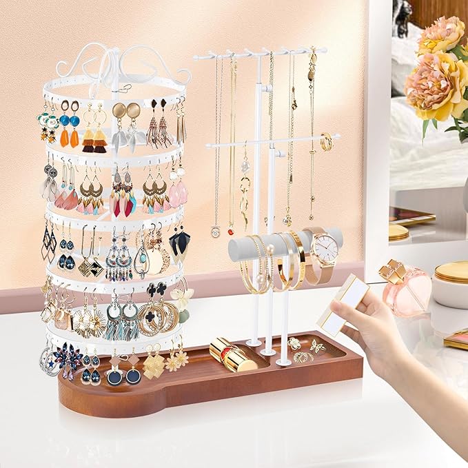 KALYLOC Jewelry Earring Holder Organizer, Adjustable 5 Tiers Rotating Earring Holder 3 Tier Necklace Holder with Wooden Base, Multi-Functional Jewelry Organizer Display Stand for Studs Bracelet Women
