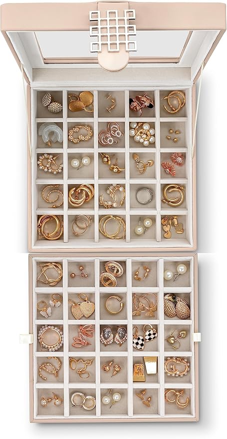 Glenor Co Earring Organizer - Classic 50 Section Jewelry Box/Case/Holder for Earrings, Rings, Necklaces, Jewelry, Cufflinks or Collections -2 Layer Small Compartments with Large Glass Top - Sand