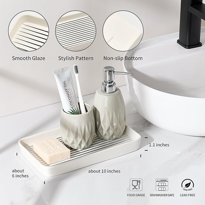 Bathroom Vanity Tray for Countertop,2PC Rectangle Striped Tray,Decorative Bathroom Organizer for Scrubber, Lotion Bottles, Perfume, Jewelry, Candle, Key Trinket Ring(Large,White)