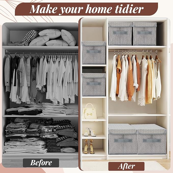LemonRoad 6 Pack 14'' x 10'' x 8'' Collapsible Storage Bins with Removable Lids, Fabric Closet Organizers with Handles, Foldable Memory Boxes for Organizing Shelves Nursery Bedroom, Home Closet, Gray