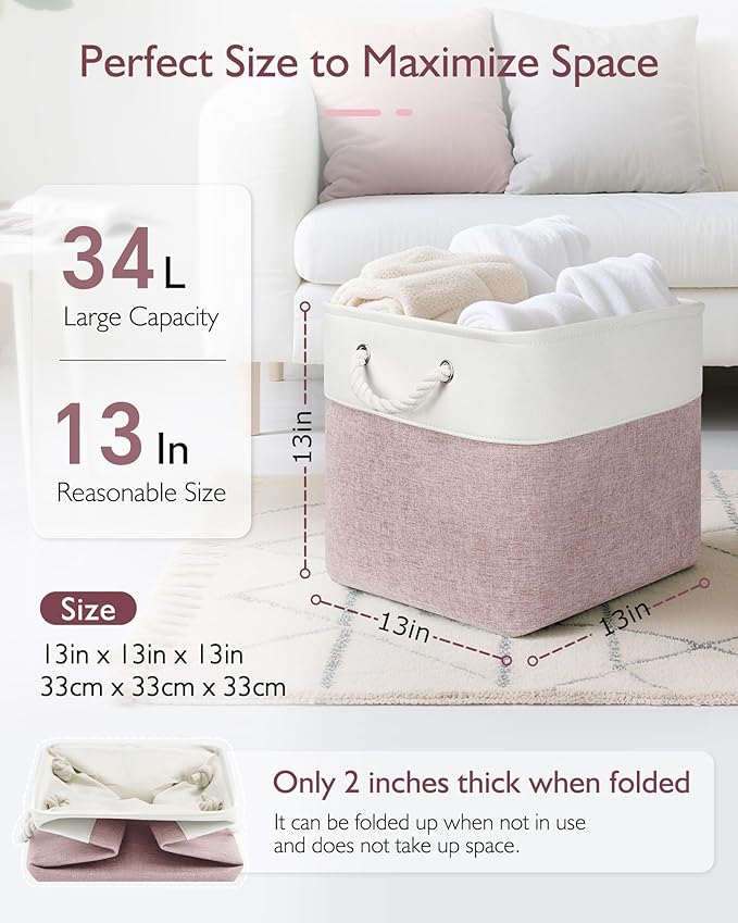 13x13x13 Storage Cube Bins,Set of 4, Large Foldable Fabric Storage Cubes with Handles for Organizing Home, Closet, Shelf, Office(White&Pink)