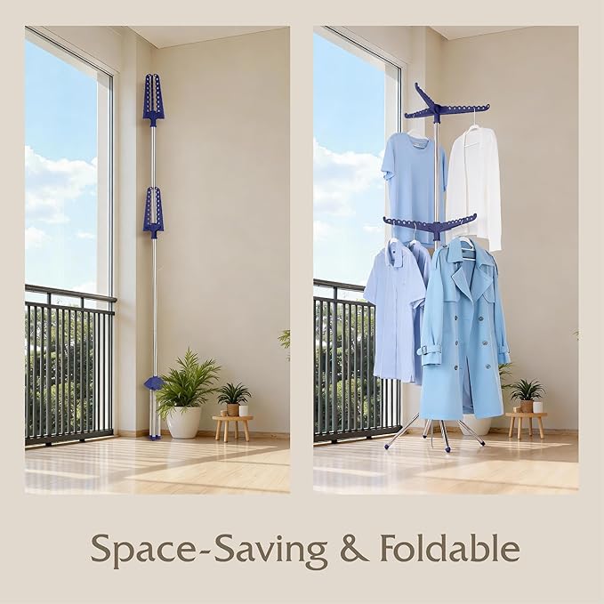 Beaudaily Clothes Drying Rack, Foldable 74.8-Inch Laundry Drying Rack, Indoor 2 Tier Drying Rack Clothing with Rotatable Arms, Stainless Steel, Holds 54 Pieces, Space Saving, Blue and Silver
