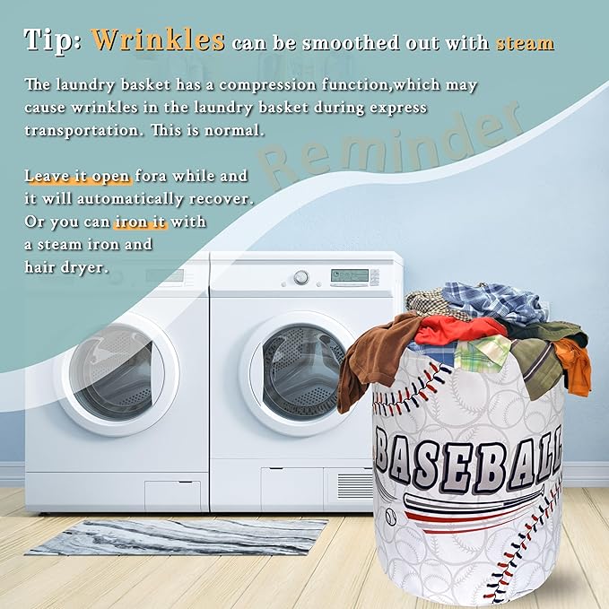 Baseball Laundry Hamper Foldable With Handles Balls Texture Tote Bag Universal Oxford Cloth Funny Laundry Basket Clothes Toy Storage Bucket 18.9" x 16.5" For Bathroom/Laundry/Bedroom