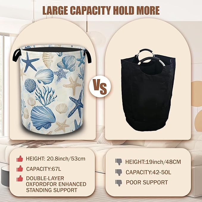 Coastal Beach Laundry Basket,Shell Starfish Coral Laundry Hamper Waterproof Oxford Cloth Tote Collapsible,Clothes Storage Bucket Decorative Toy Organizer For Bathroom Bedroom 16" x 20.8"