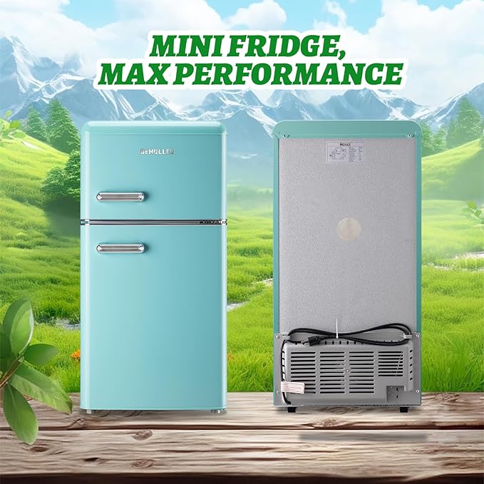Small Refrigerator with Top Freezer 100Liter Retro Mini Fridge with Adjustable Glass Shelving, 7 Temperature Control and LED Lighting, Retro Mint Blue