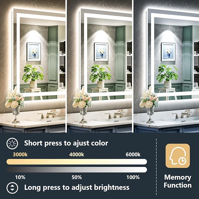 40x38 Inch LED Bathroom Mirror with Lights Front and Backlit Lighted Vanity Mirror for Bathroom Wall with 3 Colors Dimmable Anti-Fog Memory Shatter-Proof IP54 Waterproof Horizontal/Vertical