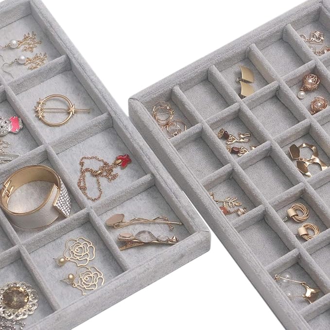 DIOMMELL Set of 4 Stackable Velvet Jewelry Trays Organizer, Jewelry Display Storage Box Showcase Holder Dresser Drawer Organizer for Earring Necklace Bracelet Ring Accessary, Grey
