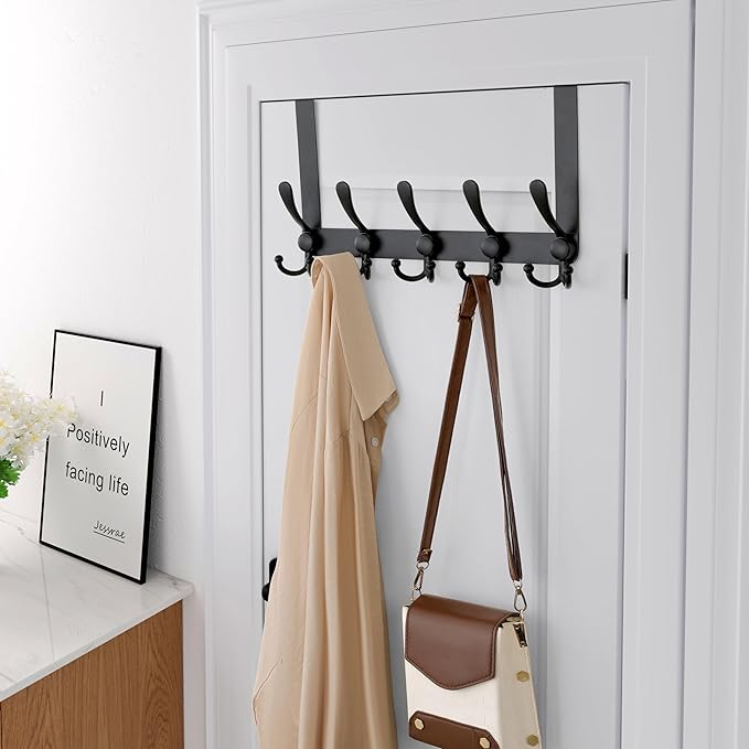 Dseap Over Door Hook 2.0 - Upgraded Version - Simple-Assembly, Strong, Heavy-Duty Stainless Steel 5-Tri-Hook Over The Door Hanger Rack, SimpleStrong Series, Black, Pack of 2