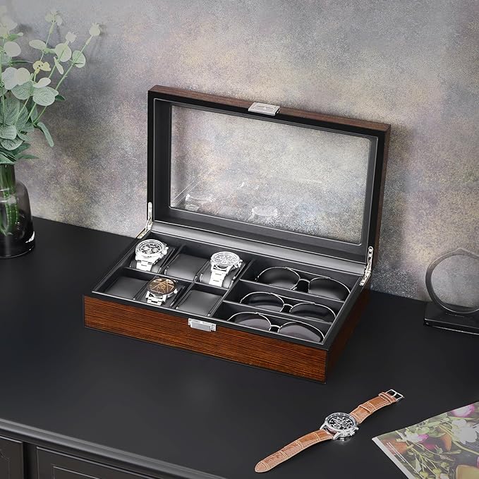 BEWISHOME 6-Slot Watch Box, 3 Mens Jewelry Box, Watch Box Organizer for Men Watch Case with Glass Lid Watch Travel Case Removable Watch Pillows, Watch Display Case, Watch Storage Brown SSH15Y