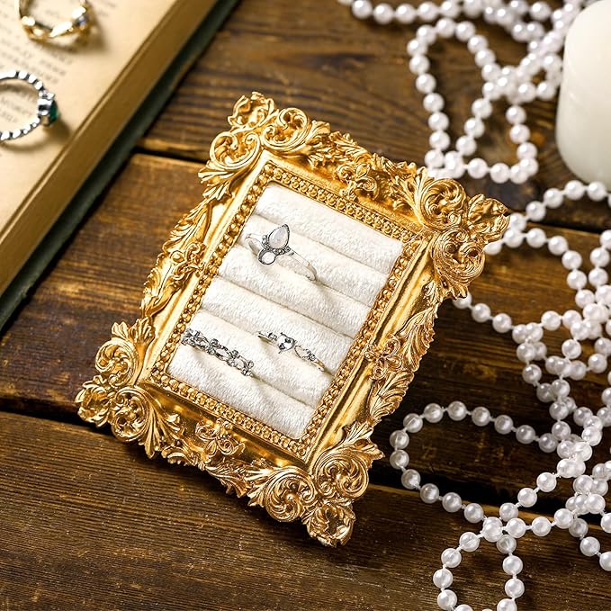 Vintage Ring Holder Rectangle Gold Ring Wedding Display Suede Jewelry Box Stand Frame Earring Tray Anniversary Engagement Baroque Organizer Photograph Prop for Women Birthday Christmas Gift