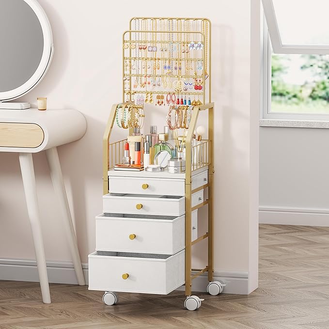 SWTYMIKI Large Jewelry Organizer Stand - Multifunctional Rack Tower for Necklace, Earring, Ring & Bracelet Display - Moveable Storage Jewelry Holder Stand with 4 Nonwoven Drawers for Bedroom Gold