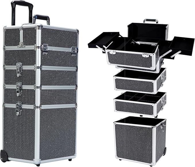 Makeup Rolling Train Case - Professional Cosmetics Organizer with Aluminum Frame, Folding Trays & Wheels, Portable for Travel & Studio (Black Diamond)