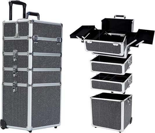 Makeup Rolling Train Case - Professional Cosmetics Organizer with Aluminum Frame, Folding Trays & Wheels, Portable for Travel & Studio (Black Diamond)