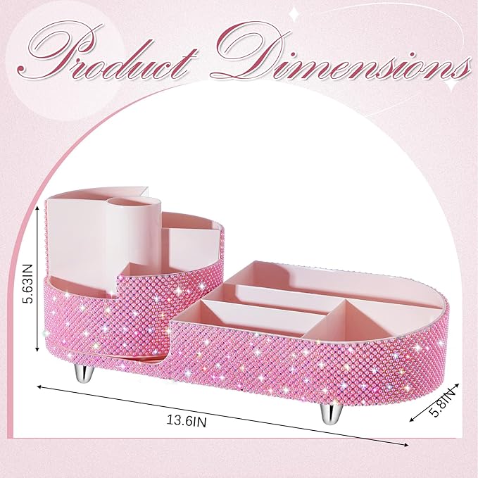 Teen Girls Women Gift 360 Rotating Bling Makeup Organizer Large Rhinestone Diamond Bathroom Organizer Girly Skin Care Brush Holder for Countertop,Bathroom Essentials(Pink,Pearl Rhinestone)