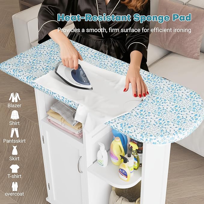 Rolling Ironing Board with Storage Cabinet, Small Ironing Table with Fixed Heat-Resistant Pad, Craft Table with Storage Shelves for Small Spaces, Laundry and Craft Rooms (White Non-Foldable)