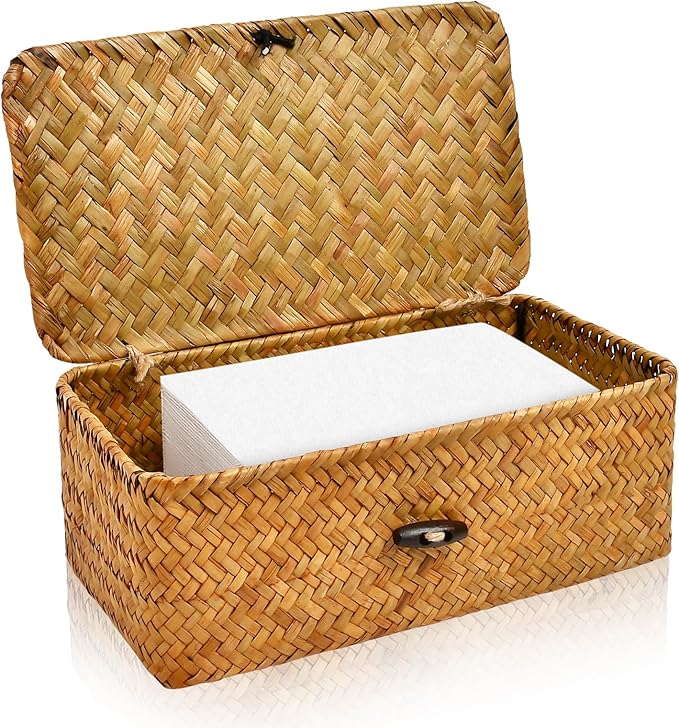 Dryer Sheet Holder, Woven Seagrass Dryer Sheet Container with Lid, Farmhouse Dryer Sheet Box Decor, Dryer Balls Dispenser for Laundry Room Organization and Storage-Natural Color