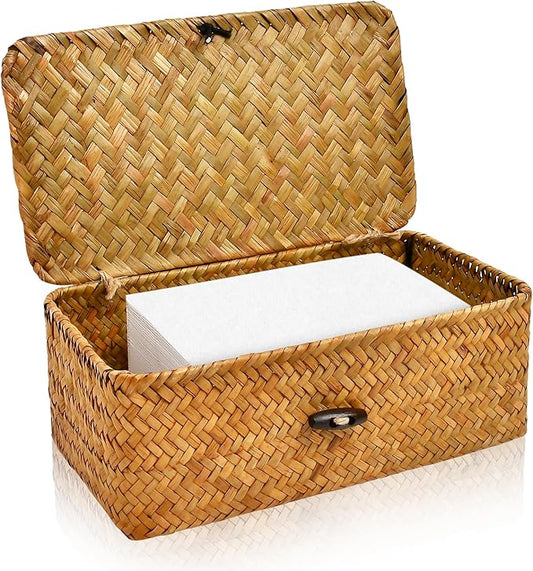 Dryer Sheet Holder, Woven Seagrass Dryer Sheet Container with Lid, Farmhouse Dryer Sheet Box Decor, Dryer Balls Dispenser for Laundry Room Organization and Storage-Natural Color