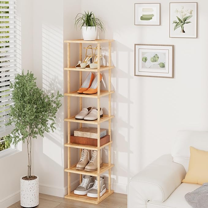 Vertical Tall Shoe Rack For Entryway - Tall 7 Tier Free Standing Slim Narrow Bamboo Wood Shoe Boots Storage Shelf Small Spaces For Garage Closet Doorway Garage Living Room Storage for Kitchen Bathroom