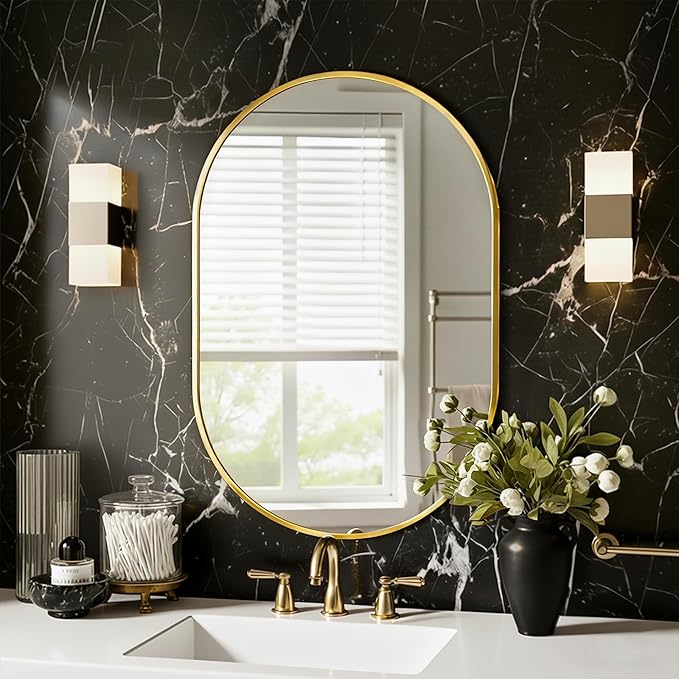 Oval Bathroom Mirror for Wall, 20"x30" Bathroom Vanity Mirror for Over Sink, Bedroom, Living Room, Entryway, Metal Frame & HD Shatterproof Glass, Wall Mounted Horizontally or Vertically (Gold)