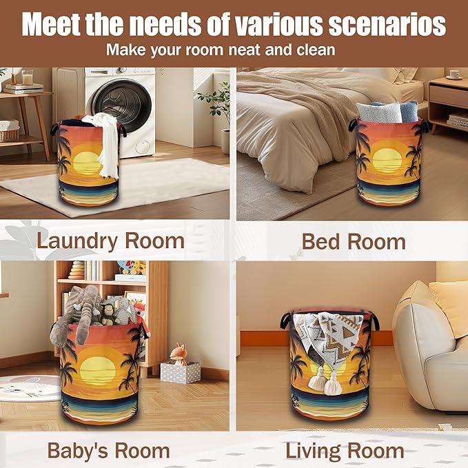 Tropical Palm Tree Sunset Beach Laundry Basket, Laundry Hamper Waterproof Oxford Cloth Tote Collapsible,Clothes Storage Bucket Decorative Toy Organizer For Bathroom Bedroom 16" x 20.8"