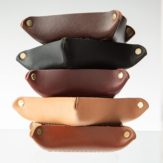 USA Handmade Premium Leather Valet Tray, Jewelry Organizer, With Brass Rivets (Burgundy, Mini)