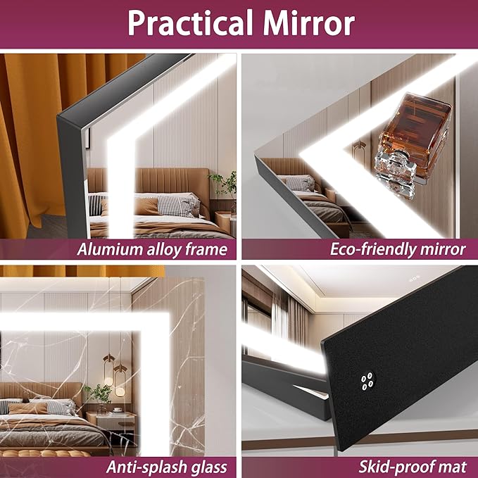 Hasipu Vanity Mirror with Lights, 24.2" x 19.7" LED Makeup Mirror, Light up Mirror with 10X Magnification, Smart Touch 3 Colors Dimmable, 360° Rotation (Right Angle Black)