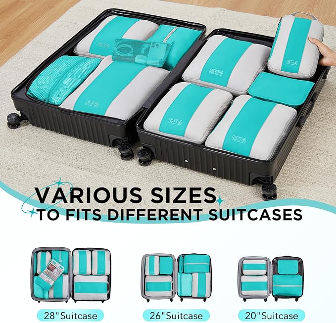 10 Set Compression Packing Cubes for Travel Essentials,Compressible Expandable Packing Cubes for Suitcase,OlarHike Luggage Organizer Bags for Travel,Handy Helper for Organizing Clothes(Blue Green)