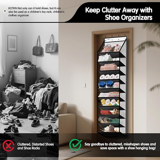 10 Tier Hanging Shoe Rack - Heavy Duty Behind The Door Hanging Shoe Rack, Sturdy Oxford Cloth, 20+ Pairs Over The Door Shoe Cabinet for Boots and Sneakers - Save 50% Closet Space! (Piano White)