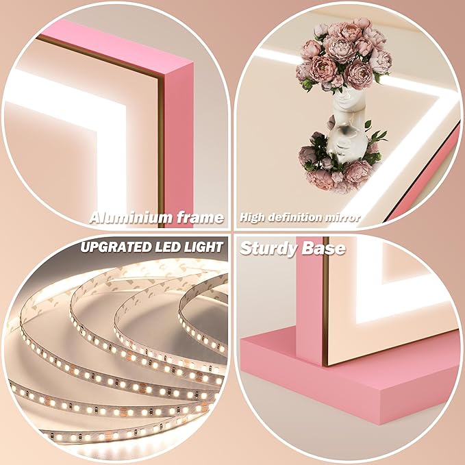 FENNIO 23" x 18" Vanity Mirror with Lights，LED Makeup Mirror，Hollywood Mirror with 3 Color Modes & Adjustable Brightness，Vanity Mirror Pink