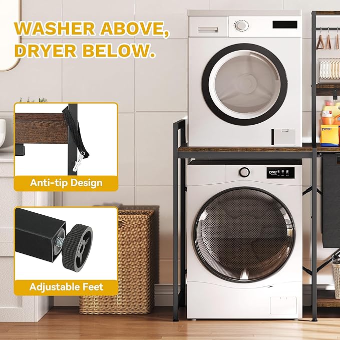 DWVO Over Washer and Dryer Shelves, Laundry Room Organization with Removable Pull-Out Hamper, Hanging Rods, Metal Hooks, Heavy-Duty Laundry Countertop with Non-Tipping Kits, Retro Color