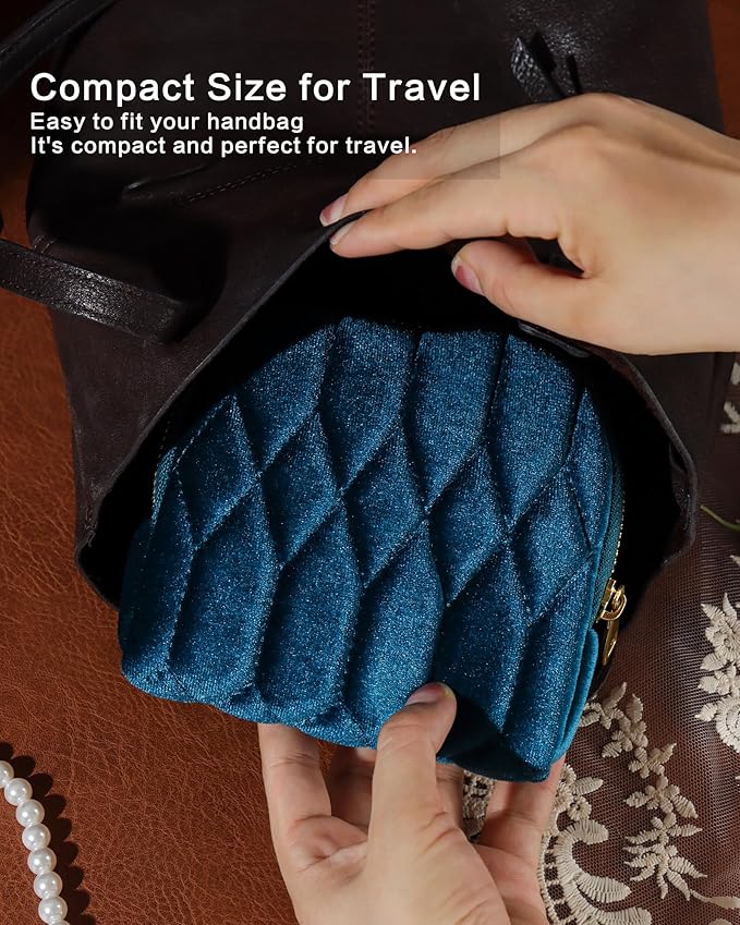 Small Travel Jewelry Case, Mini Travel Jewelry Bag with Zipper, 5-Layer Velvet Organizer Pouch for Bracelet Rings Earrings - Diamond Stitched Velvet Navy Blue