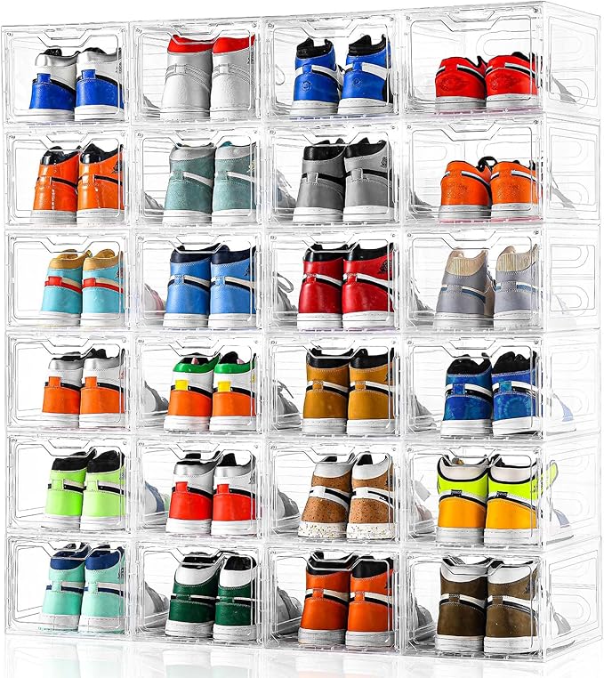 12 Pack Thicken & Sturdy Clear Shoe Storage Organizer with Magnetic Door, Shoe Boxes Clear Plastic Stackable for Closet, Shoe Rack for Sneaker Boot Container, Shoe Cabinet Fit up to US Size 12
