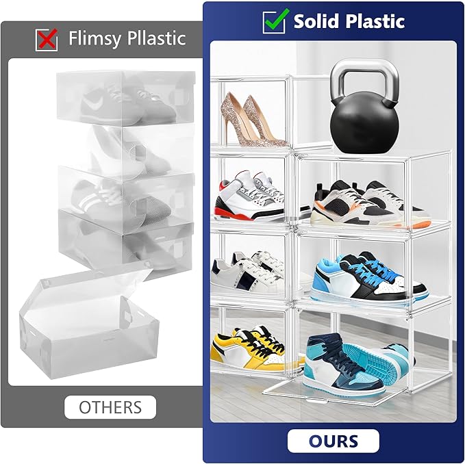 12 Pack Clear Shoe Boxes for Sneakers, Size 12 Acrylic Shoe Storage Under Bed Stackable Handbag Organizer with Magnetic Lid Collection Acrylic Display Case