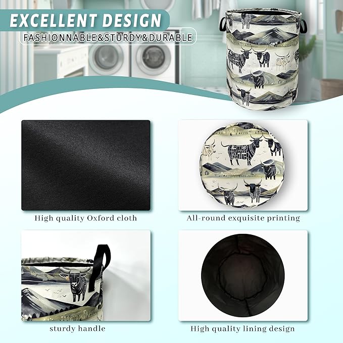 Retro Highland Cattle Laundry Basket With Handles Oxford Cloth Tote Bag Colorful Laundry Hamper 18.9"x16.5 "Foldable Clothes Storage Bucket Organizer For Bathroom/Laundry/Bedroom