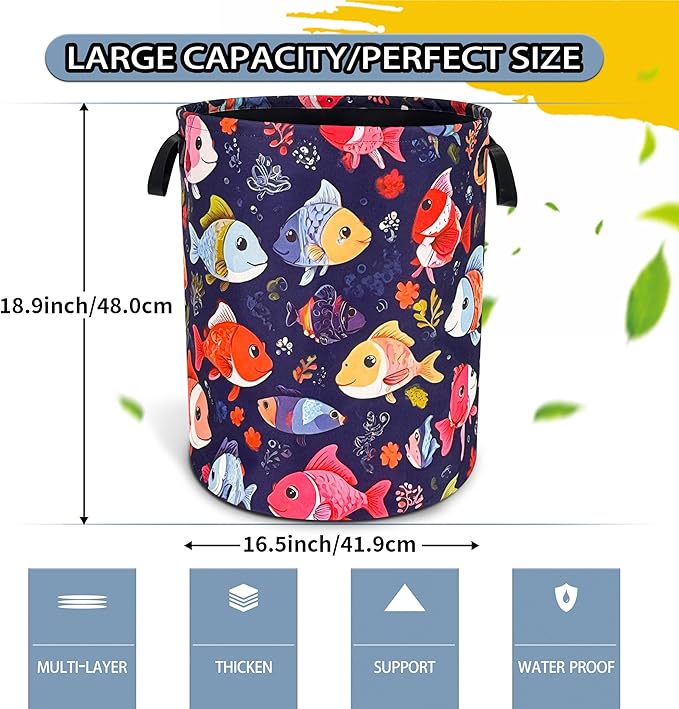 Fish Laundry Basket Funny Cartoon Foldable Oxford Cloth Tote Bag Laundry Hamper Clothes Storage Bucket Toy Organizer For Bathroom/Laundry Storage/Bedroom 18.9x16.5 Inch