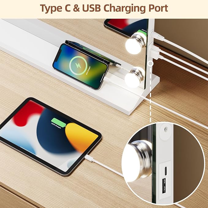 Vanity Mirror with Lights, Makeup Mirror with USB/Type-C Charging, Large Hollywood Mirrors w/ 15 LED Bulbs & 5X Magnifier, LED Mirrors for Bedroom Tabletop & Wall Mounted