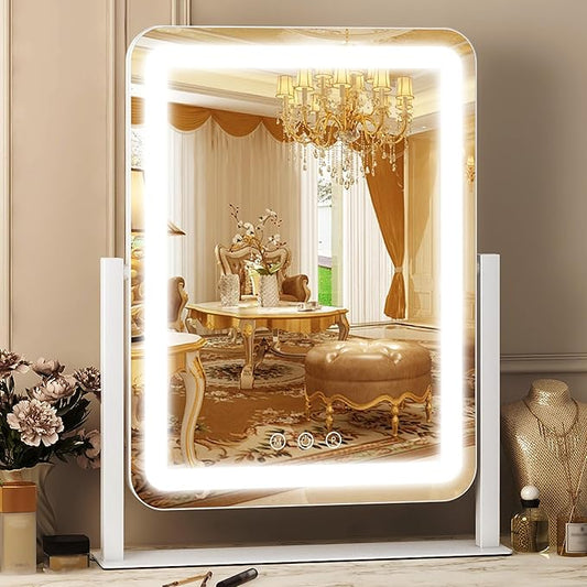 FENNIO Makeup Mirror with Lights 17"x13" ，Desk Mirror，Vanity Mirror with Lights, Touch Screen with 3-Color Lighting, Dimmable, Vanity Mirror for Vanity Desk Tabletop