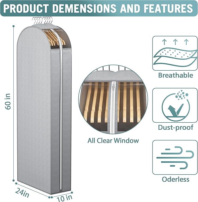 10" Gusseted Garment Bags for Hanging Clothes with clear window, 60" Suit Bags for Open Closet Storage, Clothing Cover for Coat, Dress, Jacket, Shirt, Fur Wardrobe Protector, 3 Packs