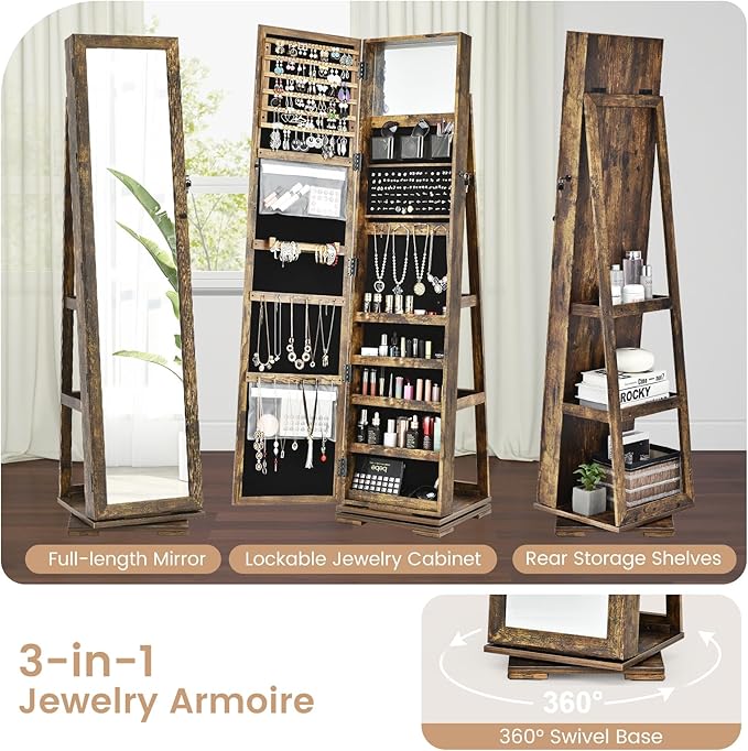 360° Swivel LED Mirror Jewelry Cabinet with Full Length Mirror, Lockable Floor Standing Mirrored Jewelry Armoire Organizer w/Inside Makeup Mirror & Back Storage Shelves (Rustic Brown)