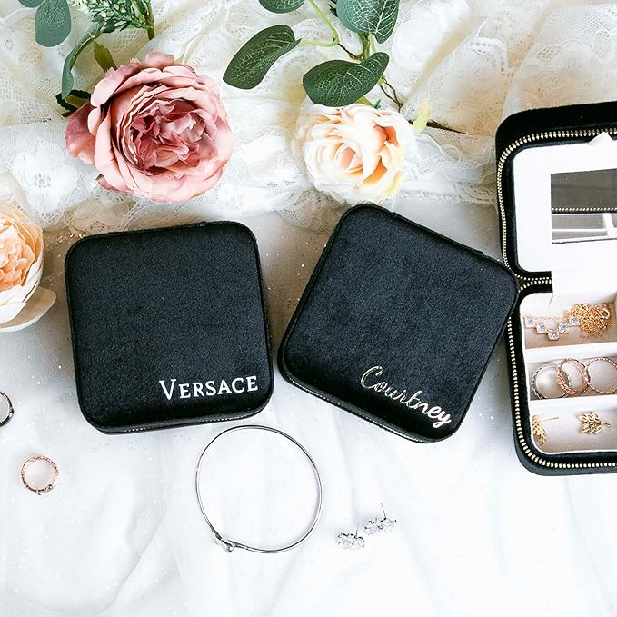 Customizable Compact Velvet Jewelry Box with Mirror, Travel Jewelry Case, Travel Jewelry Organizer, Jewelry Box for Women and Girls, Small Jewelry Organizer (Bottom Right Text, Black)